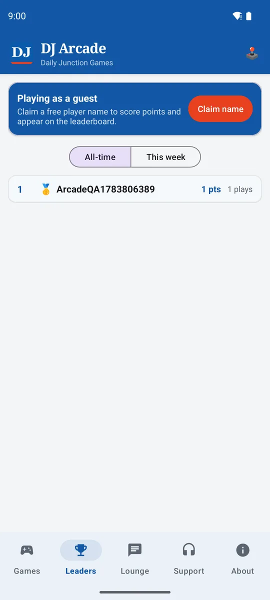 DJ Arcade leaderboard — claim a name and score points
