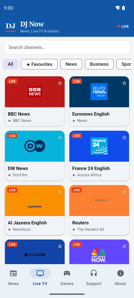 DJ Now live TV — 200 free channels with chat and the TV guide